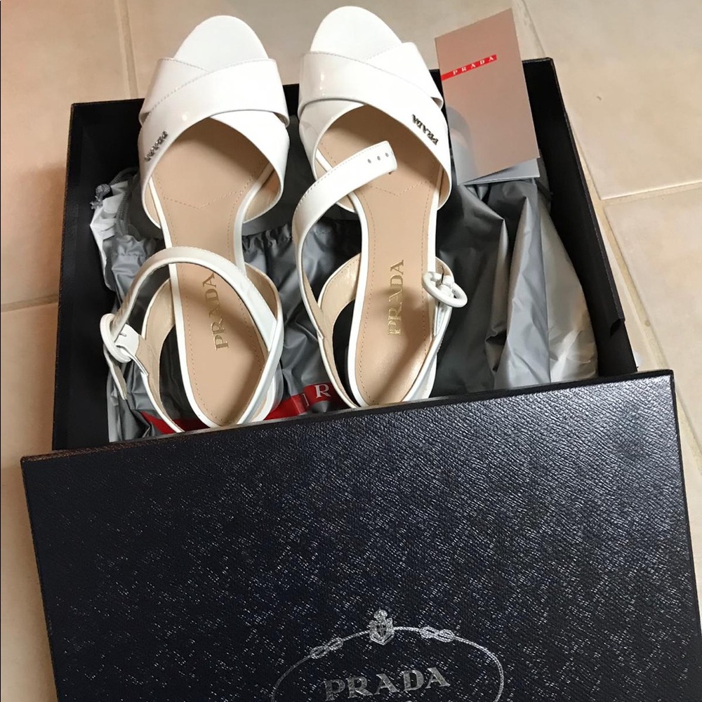 Prada White Patent Leather Platform Sandals